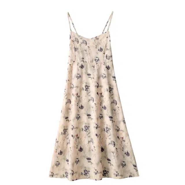 曲韩 收腰显瘦高级感碎花雪纺无袖吊带连衣裙 女款 花色