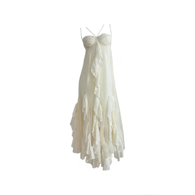 敲模女孩 纯欲风气质度假风荷叶边雪纺大裙摆性感抹胸仙女裙高级感吊带连衣裙 女款