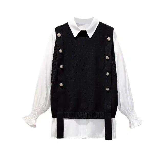 红蜻蜓 针织短款马甲背心通勤百搭白衬衫两件套休闲套装 女款