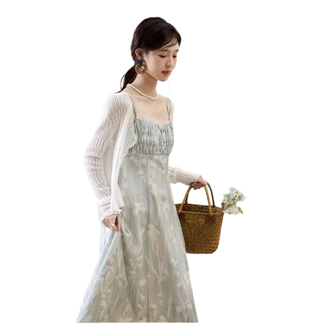 谜秀 法式淑女小清新日常显白天丝印花打揽可调节肩带开衩显瘦长裙吊带连衣裙 女款 蓝绿色