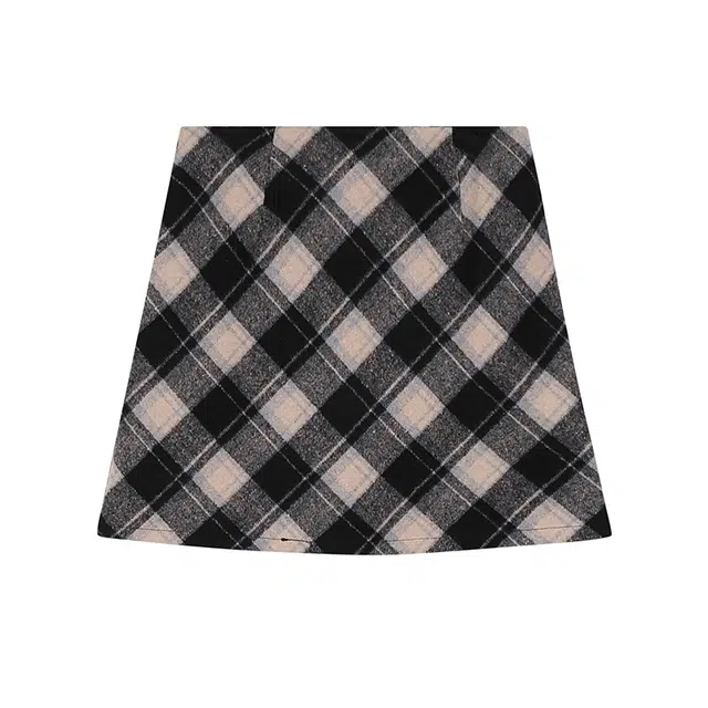 冰淇淋与鲸 复古韩系毛呢修身包臀高腰休闲短裙 女款 黑格