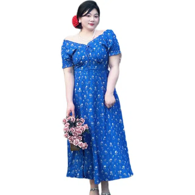 哒头下雨不愁 修身显瘦印花斜领长袖连衣裙 女款 蓝色