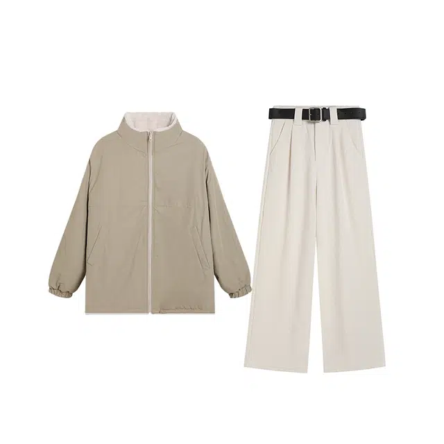 冰淇淋与鲸 双面穿翻领宽松字母拼色棉服纯色阔腿裤休闲套装 女款