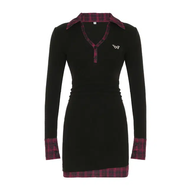 哒头下雨不愁 美式学院风格纹拼接辣妹蝴蝶针织包臀长袖连衣裙 女款 黑色