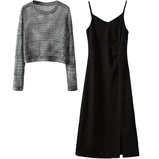 她池 镂空圆领长袖罩衫搭纯色吊带裙裙装套装 女款