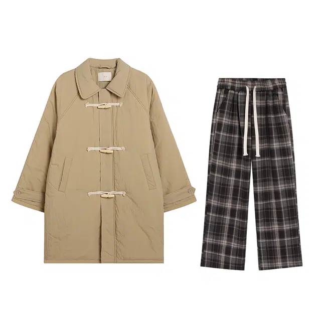 冰淇淋与鲸 纯色翻领插肩袖牛角扣加厚中长款棉服格纹加厚长裤休闲套装 女款