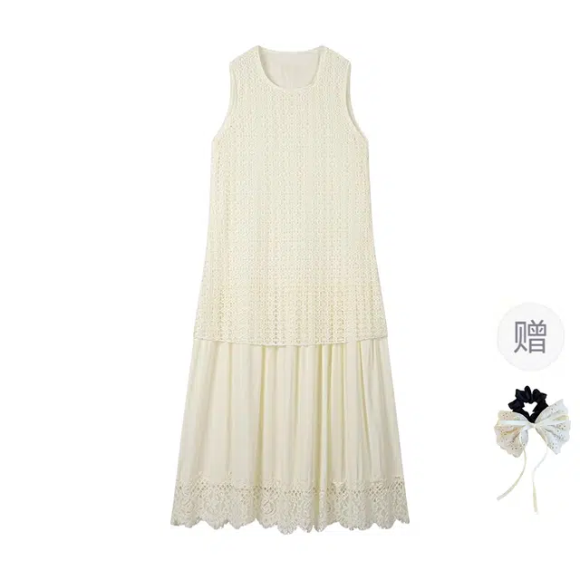 涂诗菲 韩版温柔淑女气质设计感重工镂空拼接蕾丝花边假两件无袖连衣裙 女款