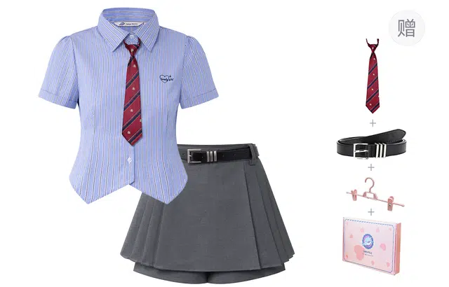 东鲸岁时记 学院风收腰条纹字母爱心刺绣短袖衬衫纯色百褶裙裙装套装 女款 礼盒装