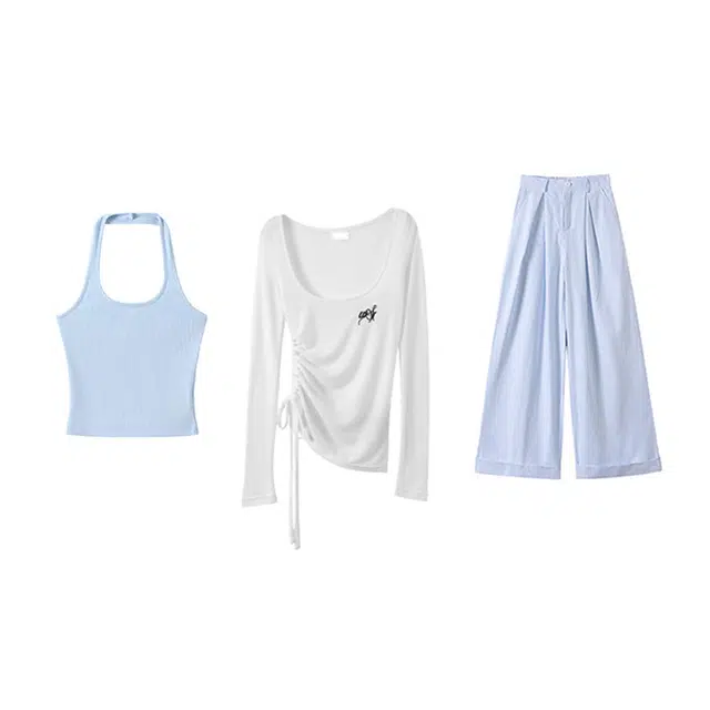 敲模女孩 纯欲风多巴胺小清新穿搭白色微透收腰罩衫搭挂脖吊带背心配条纹高腰阔腿长裤休闲套装 女款