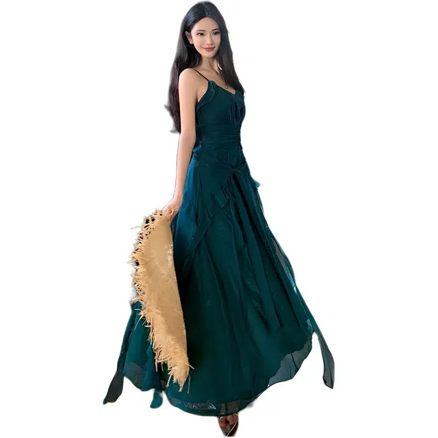 敲模女孩 法式纯欲风不规则设计感荷叶边收腰大摆海边度假风吊带连衣裙 女款