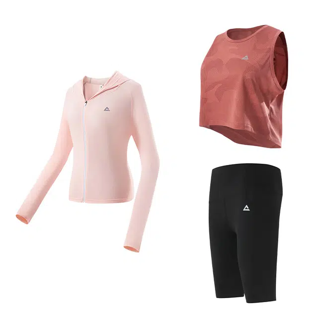 匹克 瑜伽服健身运动服套装 粉色背心五分打底裤三件套 女款