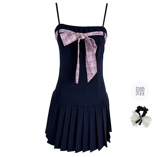 涂诗菲 纯欲辣妹风撞色蝴蝶结领带系收腰海边度假风百褶吊带连衣裙 女款