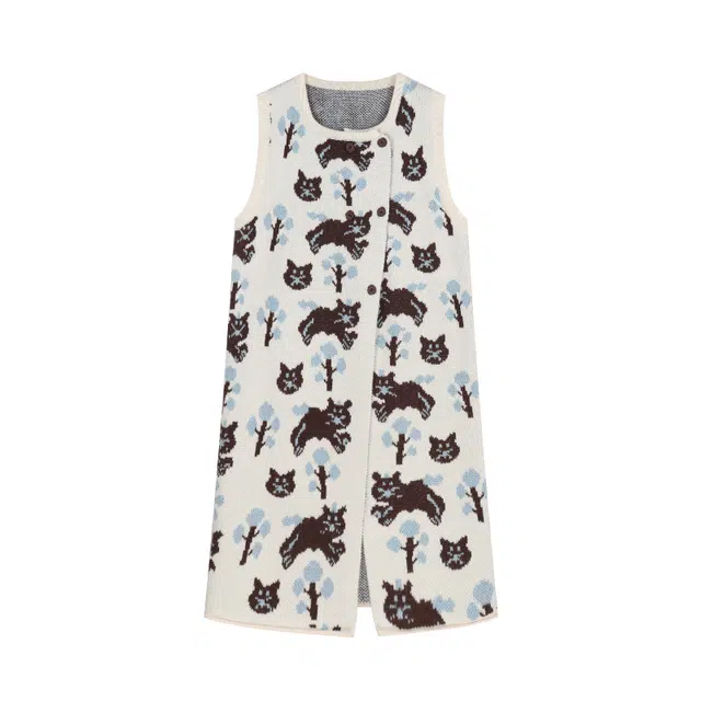 哒头下雨不愁 日系穿搭小猫针织叠穿宽松裙子开叉长裙无袖连衣裙 女款 开衫背心裙