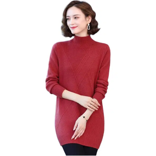 恒源祥 时尚气质半高领女士中长款宽松羊绒针织打底衫长袖连衣裙 女款