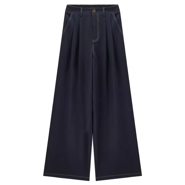 佐丹奴 阔腿撞色明线打褶宽松高腰牛仔裤 女款 深蓝