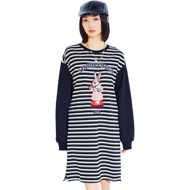 木果果木 学院风条纹拼接设计长袖连衣裙 女款 黑杏条