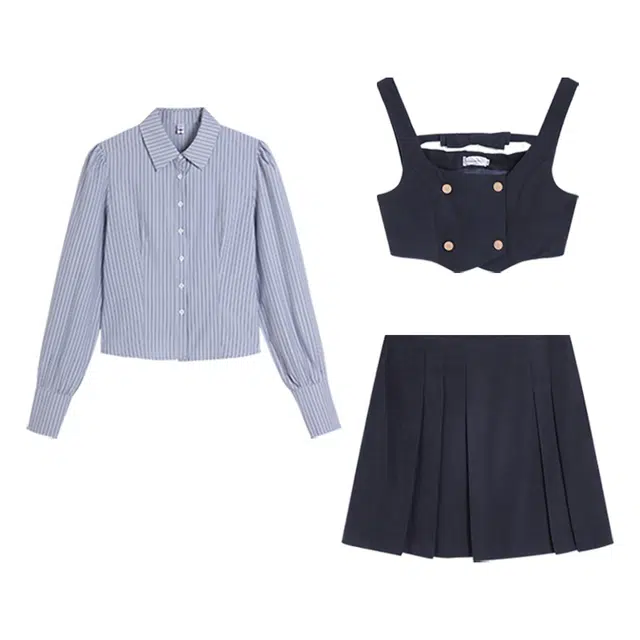 冰淇淋与鲸 条纹短款学院风衬衫纯色背心马甲高腰休闲短裙裙装套装 女款 蓝黑色