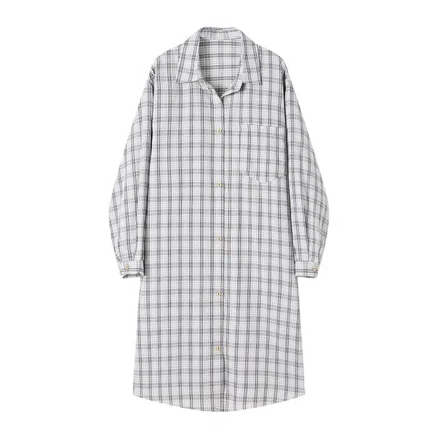 曲韩 格子翻领休闲宽松长袖连衣裙 女款 米杏格