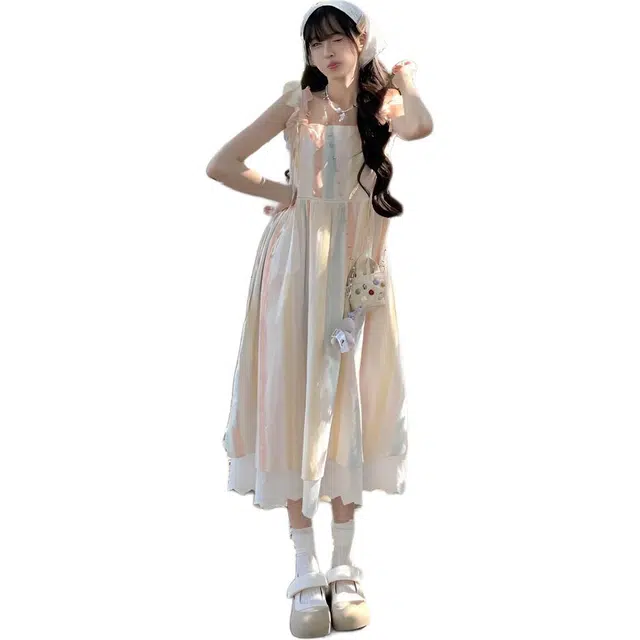 缪斯的诱惑 超好看小众设计无袖遮肚子显瘦女夏吊带连衣裙 女款 彩色条纹