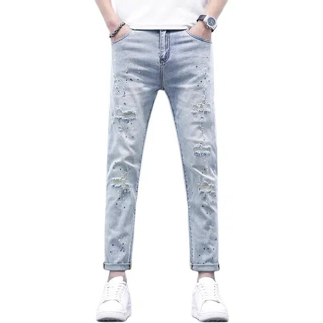 吉肯蒂 九分薄款浅破洞潮牌百搭时尚个性牛仔裤 男款