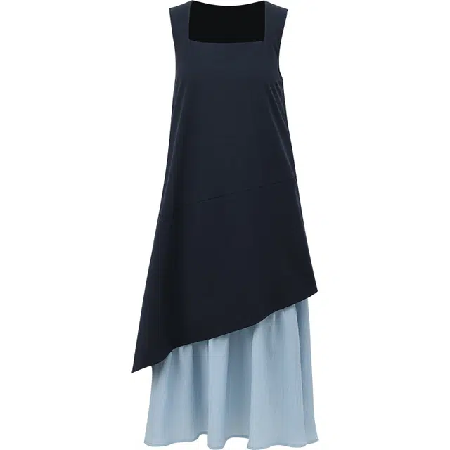 谜秀 氧气感日系方领拼色海风度假风拼接假两件温柔日常设计显瘦无袖连衣裙 女款 海蓝色