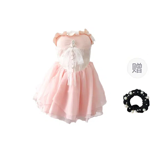 雾闪闪 法式甜辣风气质收腰公主蓬蓬抹胸无袖连衣裙 女款 （粉色+发圈）买赠