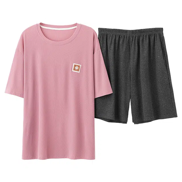 好福份 薄款冰丝短袖纯色笑脸休闲可外穿家居服睡衣套装 男款