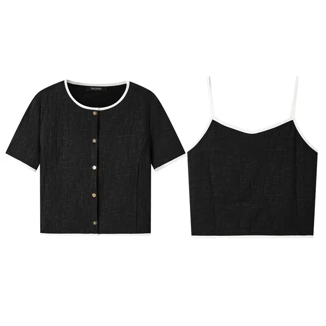 太平鸟 两件套提花针织衫休闲套装 女款 黑色