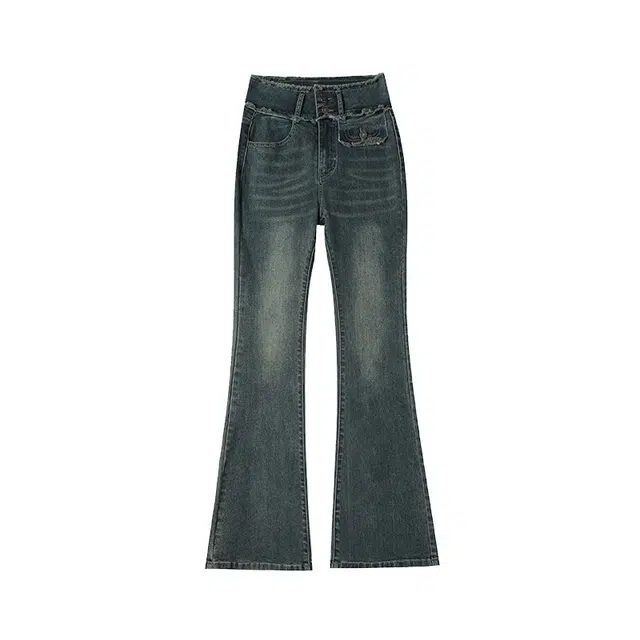 法文箱子 高腰毛边设计修身微喇牛仔裤 女款 怀旧蓝