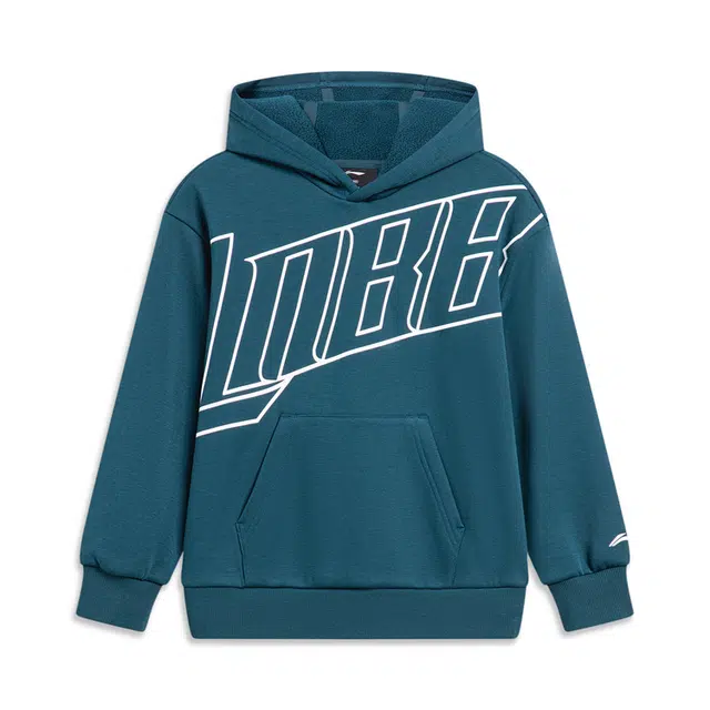 李宁儿童 篮球系列 字母印花连帽加绒加厚卫衣 儿童款 倒影蓝