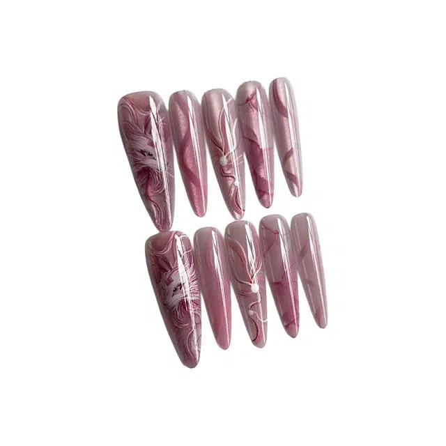 计轩 手工晕染网红粉色印花  穿戴甲 长款蓬莱仙狐渐变 猫眼