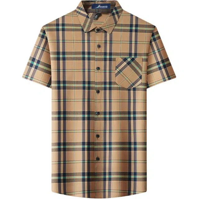 富铤 亲肤透气轻薄色织格纹弹力舒适百搭通勤短袖衬衫 男款