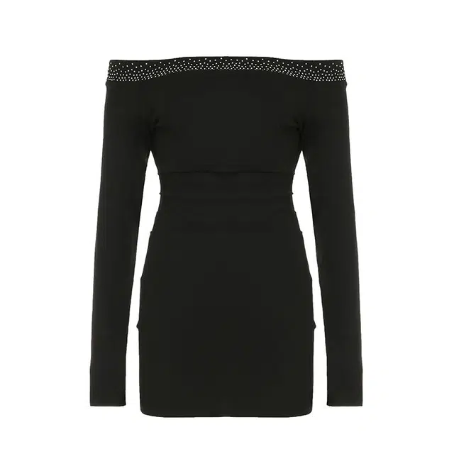 哒头下雨不愁 烫钻一字露肩气质修身收腰褶皱显瘦辣妹包臀裙长袖连衣裙 女款 黑色