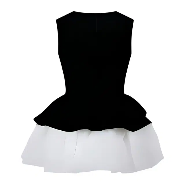 小菊川栗 学院风时尚休闲潮流甜辣穿搭公主风气质收腰网纱撞色蓬蓬裙黑色吊带连衣裙 女款