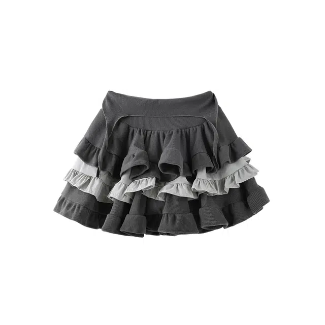 花栗鼠小姐 纯欲甜美风精致重工木耳边蓬蓬蛋糕裙南瓜裤内衬加厚 半松紧腰 含内衬休闲短裙 女款 灰色