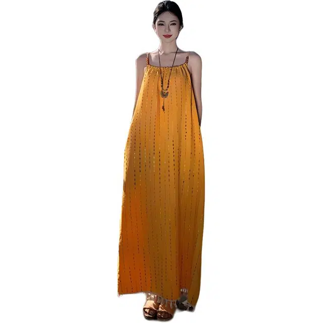 小菊川栗 舒适休闲简约百搭时尚纯色修身吊带连衣裙 女款 黄色