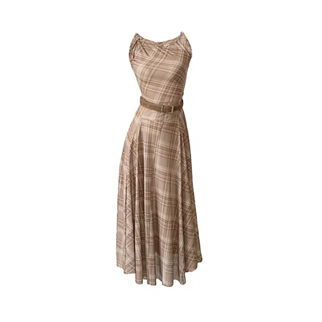 敲模女孩 法式慵懒风复古格纹设计感修身收腰大裙摆高腰气质高级感无袖连衣裙 女款