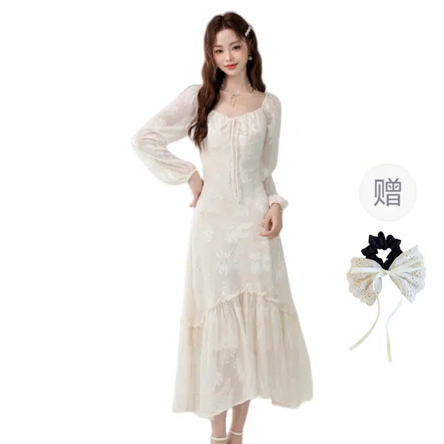 涂诗菲 法式优雅温柔长裙薄款蕾丝舒适透气蝴蝶结植绒花朵百搭长袖连衣裙 女款 图片色