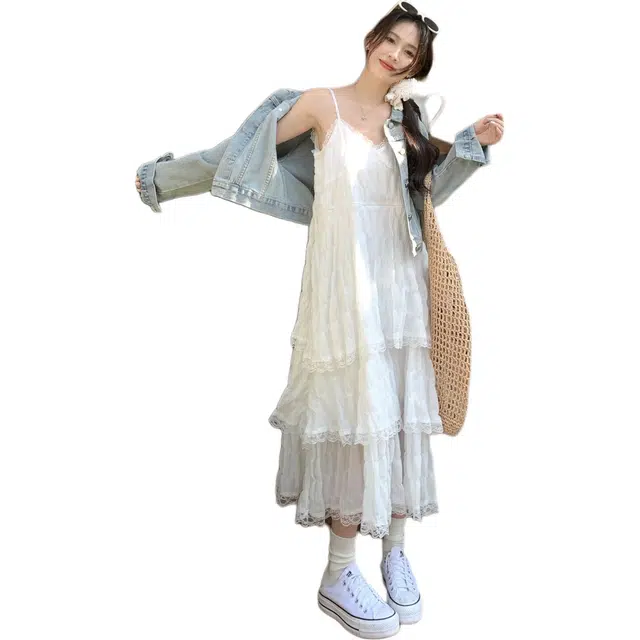 沐晓欣 纯色简约百搭吊带连衣裙 女款