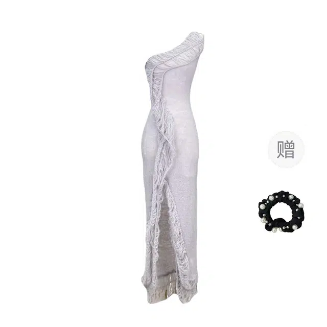 雾闪闪 垂感气质性感修身斜肩无袖连衣裙 女款