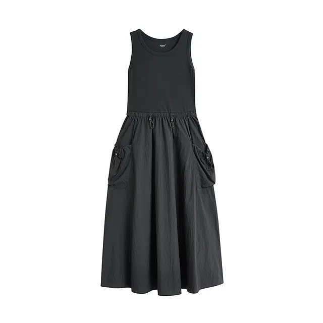 茵曼 纯色时尚简约舒适百搭无袖连衣裙 女款 黑灰色