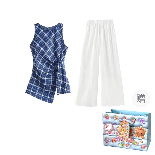 轻迎 显瘦无袖舒适格子不规则背心上衣高腰舒适直筒长裤休闲套装 女款