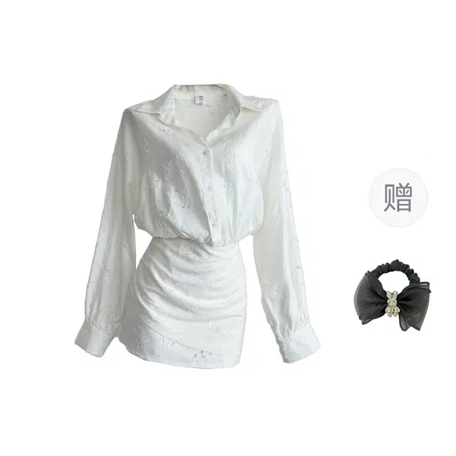 雾闪闪 高级设计感纯欲甜辣收腰白月光镂空衬衫长袖连衣裙 女款 （白色+发圈）买赠