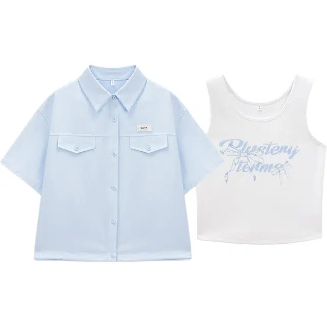 爱依服 时尚翻领短袖衬衫简约字母印花舒适背心休闲套装 女款 天蓝