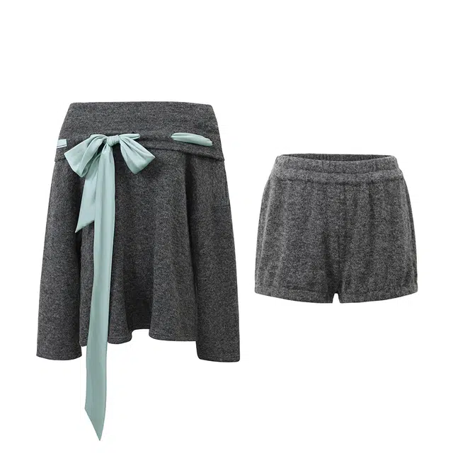 涂诗菲 一字肩蝴蝶结丝带弹力针织氛围感上衣短裤两件套休闲 女款 深灰色套装