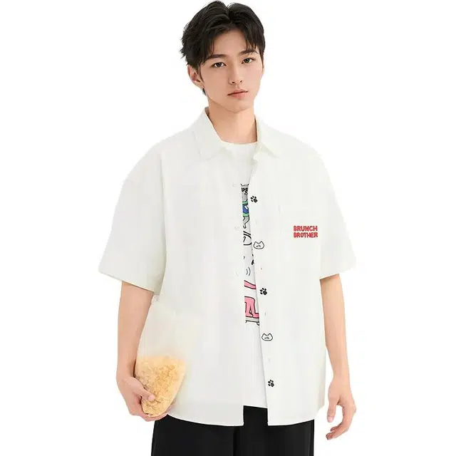 三福 刺绣门襟翻领短袖衬衫 男款