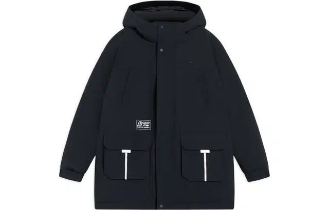 李宁儿童 都市户外系列 纯色连帽反光防泼水中款羽绒服 儿童款 黑色