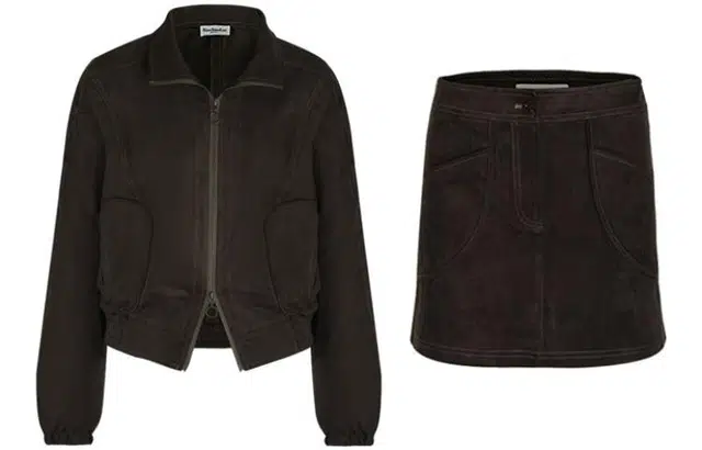 小小拉 复古短款夹克纯色短裙裙装套装 女款 棕色