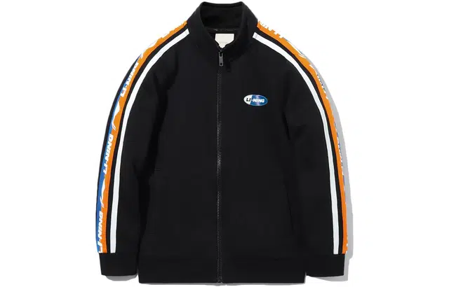 李宁儿童 童装 运动生活系列 印花字母条纹立领抓绒拉链卫衣 男童女童 新标准黑