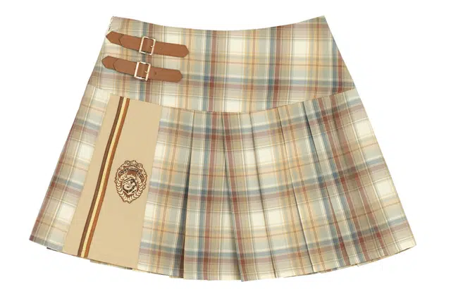 森女部落 原创复古格纹短裙学院风设计感高腰百褶半身裙休闲短裙 女款 卡其色